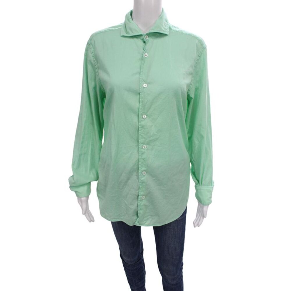 Fedeli Womens Collared Long Sleeve Green Basic Button-Up Top Size M